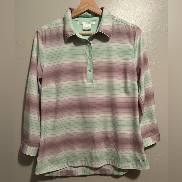 NIKE Golf Dri-Fit Top Green White Striped - Picture 2 of 9